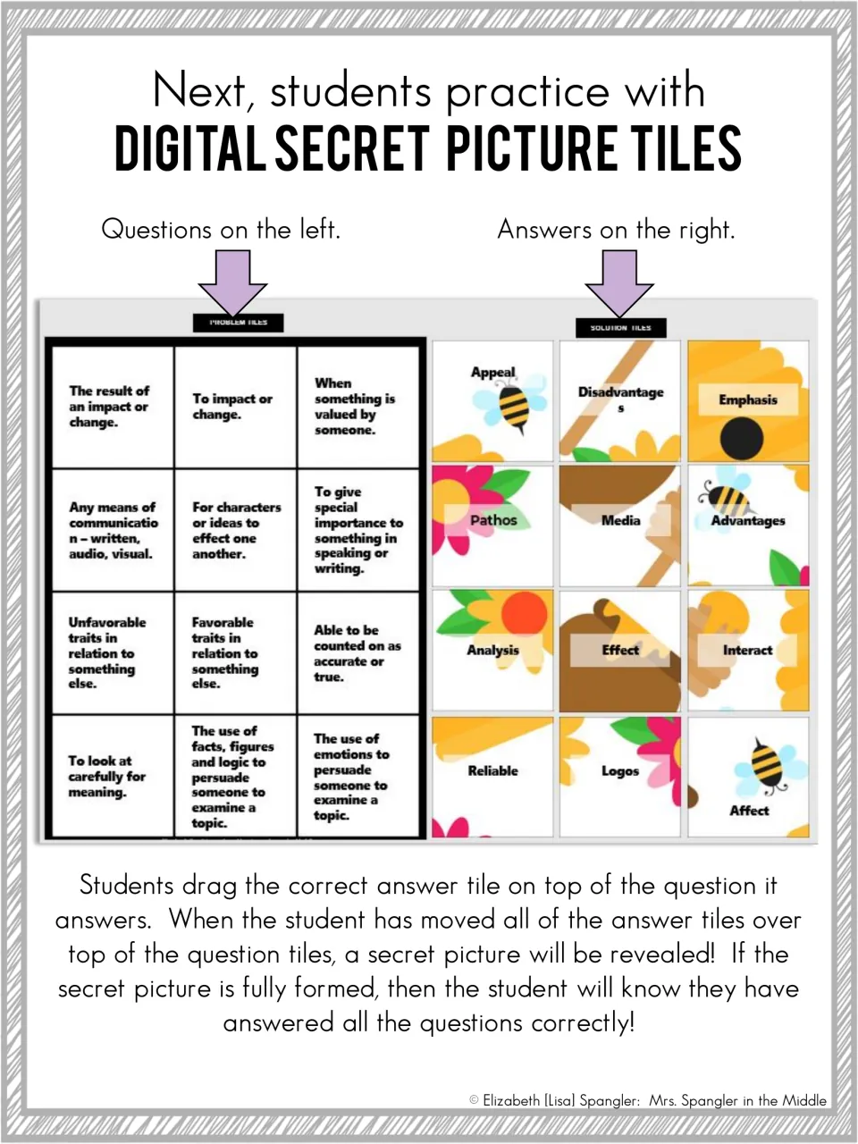 Secret picture tile practice: students drag word tiles like pathos, appeal and reliable onto matching definitions