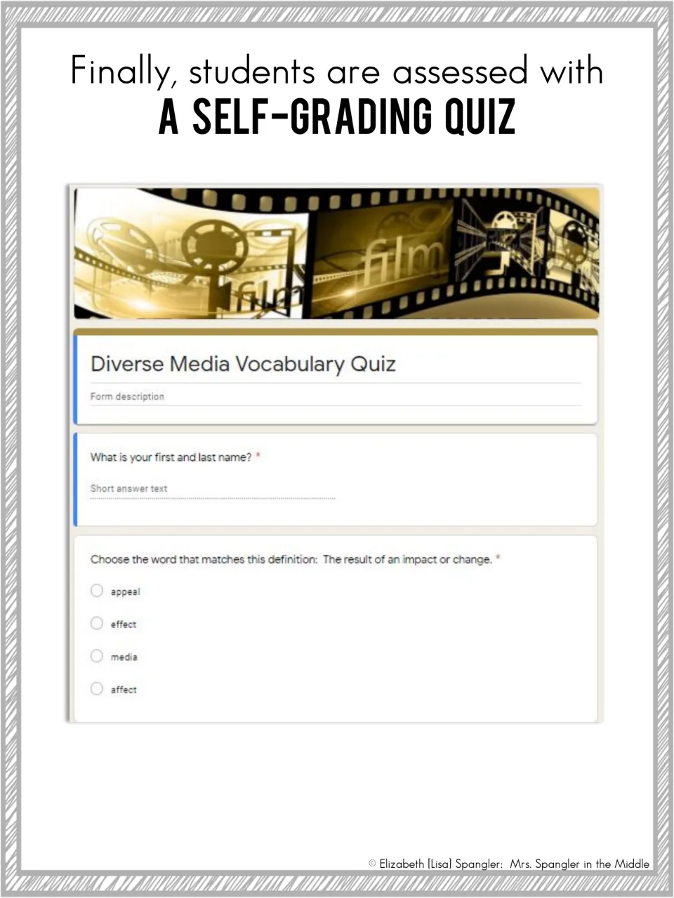 Self-grading media vocabulary quiz: students choose the word that matches a definition, such as effect vs. affect