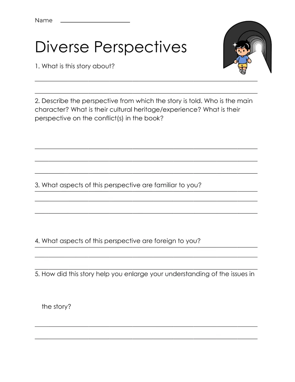 Story perspective reflection: students describe the main character's heritage and which views feel familiar or foreign