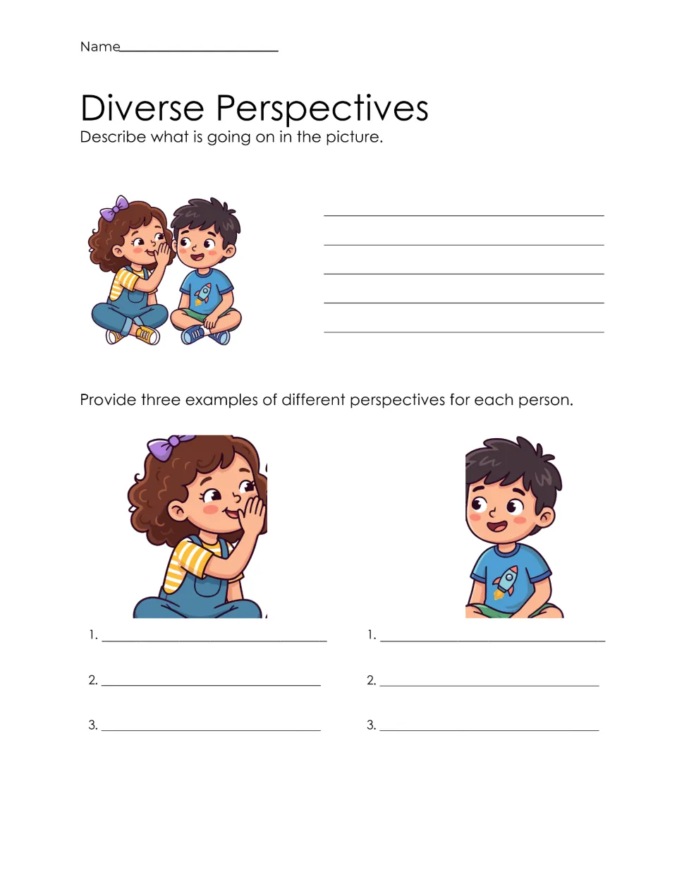 Picture perspectives: students describe a scene of a girl whispering to a boy, then list three viewpoints for each child