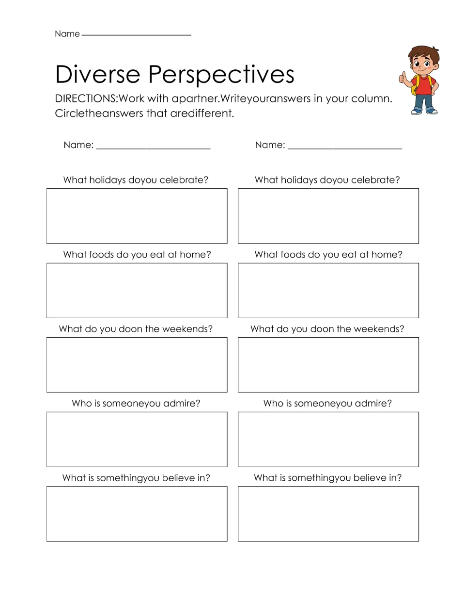 Partner comparison: students answer about holidays, foods, weekends, role models and beliefs, then circle the differences