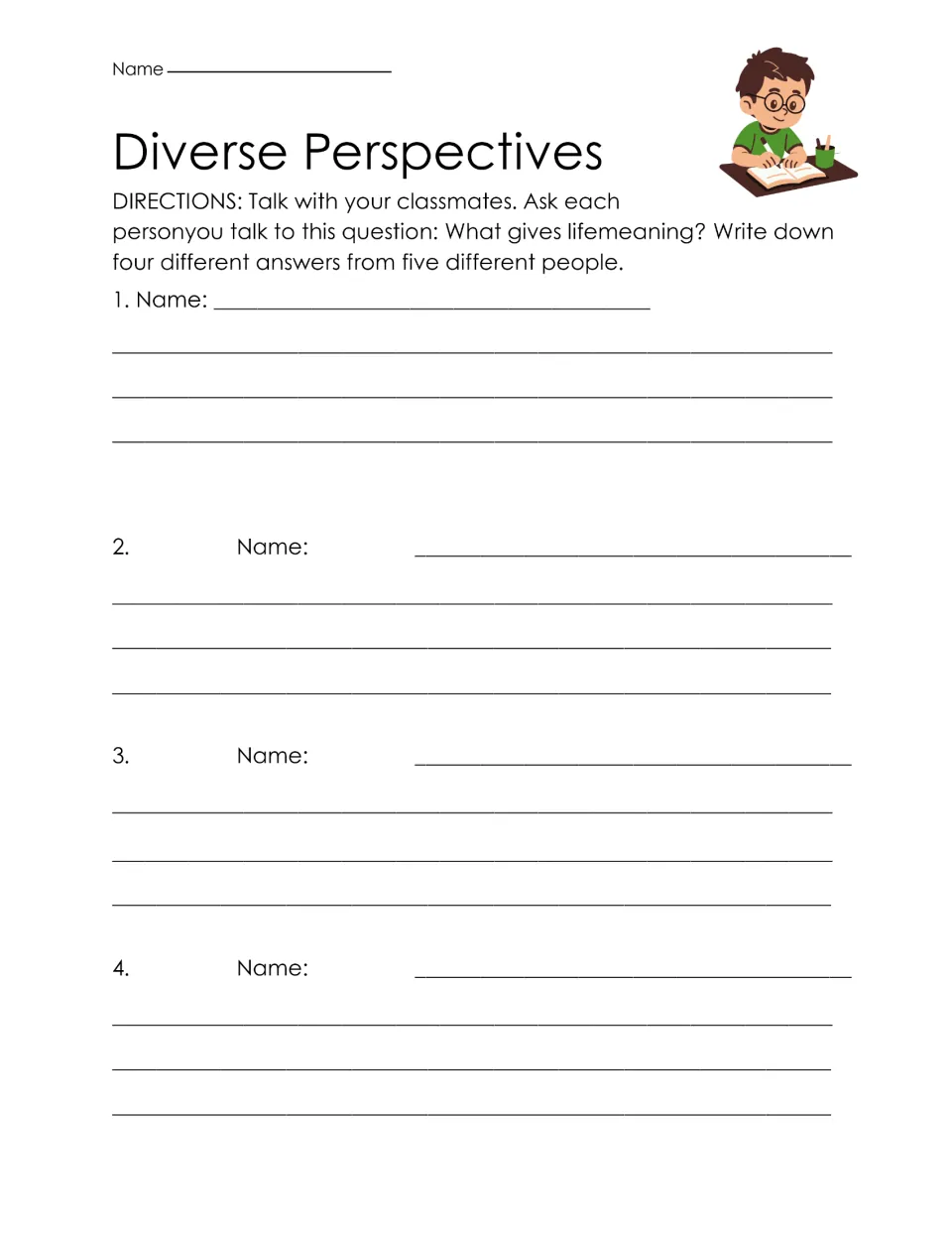 Peer interview: students ask classmates what gives life meaning and record four people's names and answers