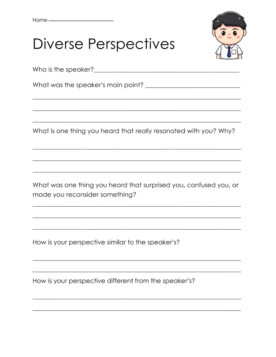 Speaker reflection: students name the speaker and main point, what resonated or surprised them and how their view compares
