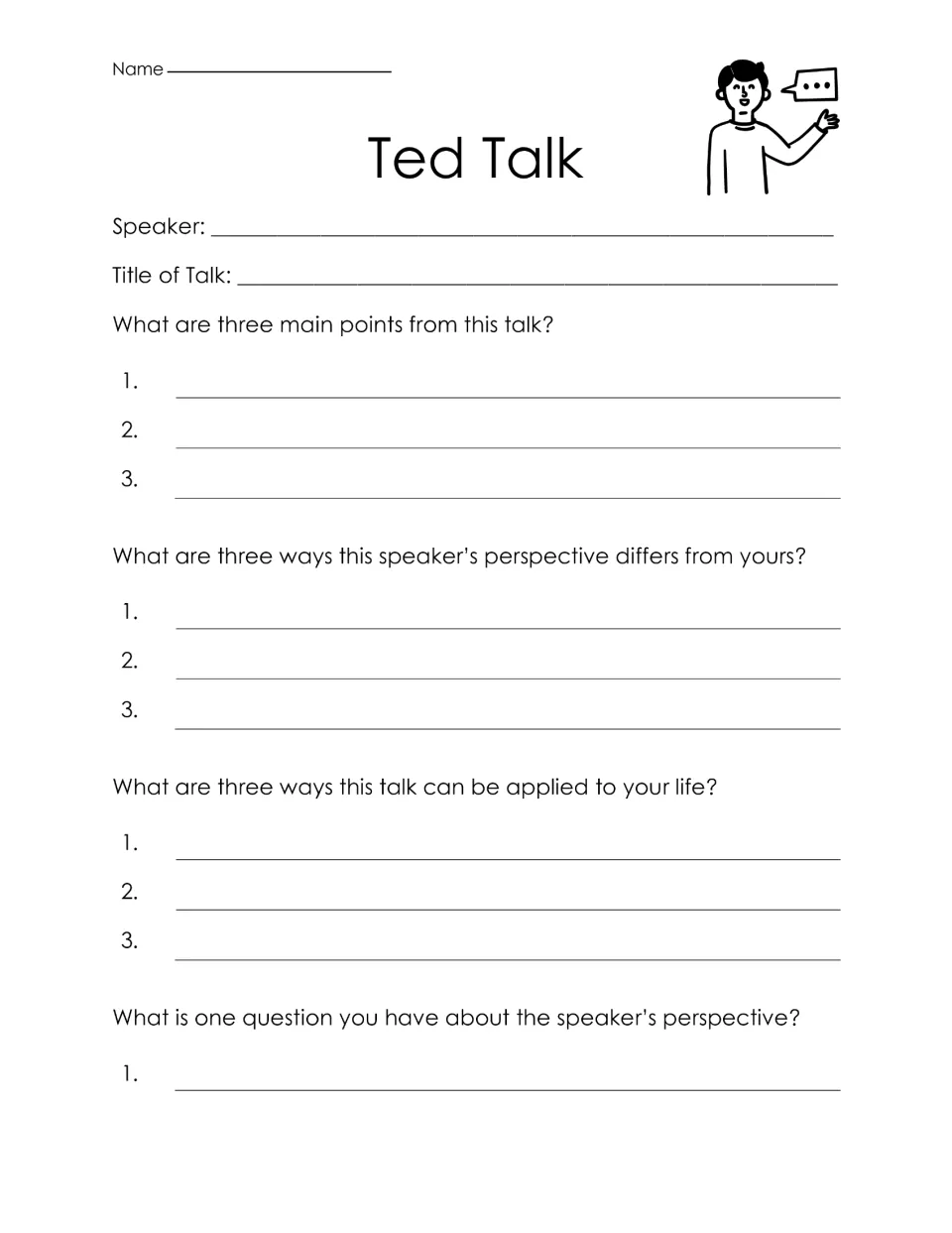 Ted Talk notes: students record the speaker and title, three main points, three differences in perspective and one question