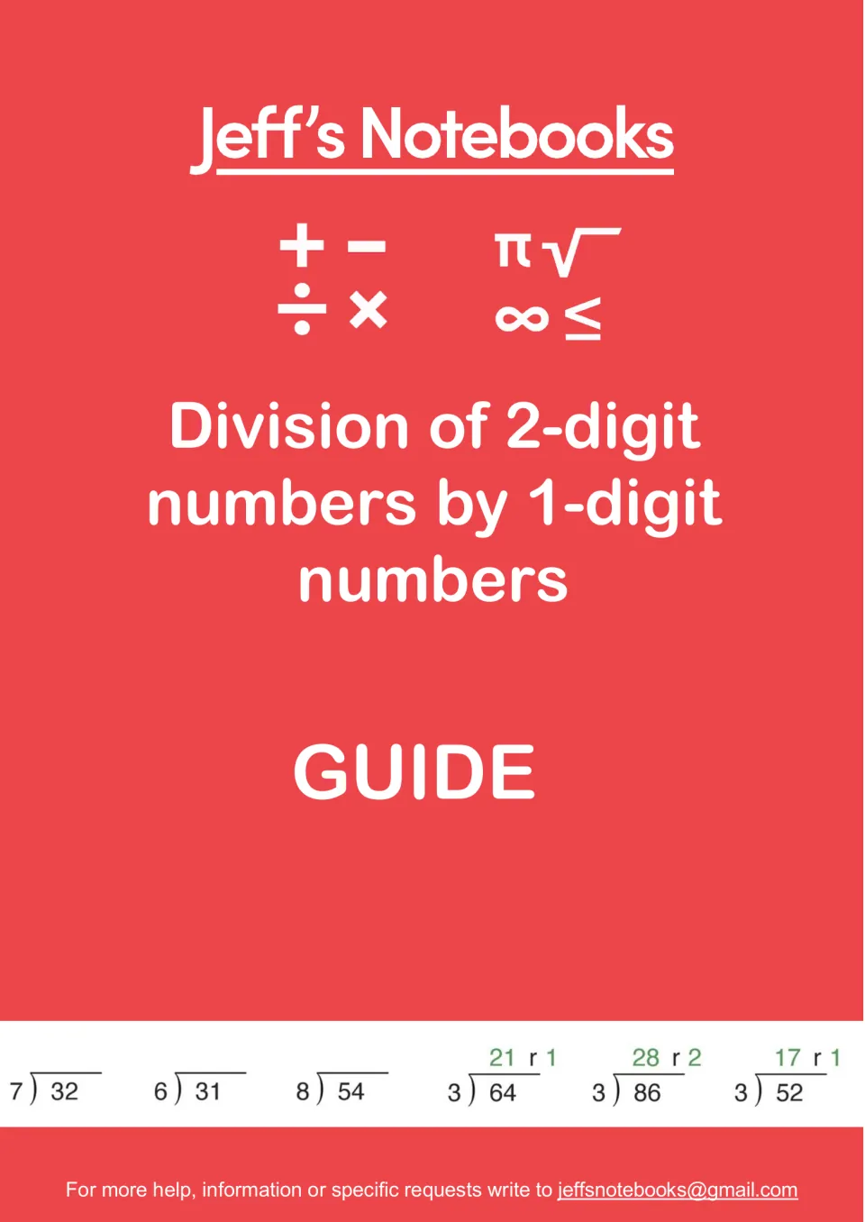 Jeff's Notebooks guide cover for dividing 2-digit numbers by 1-digit numbers, with sample problems such as 64 ÷ 3 = 21 r 1
