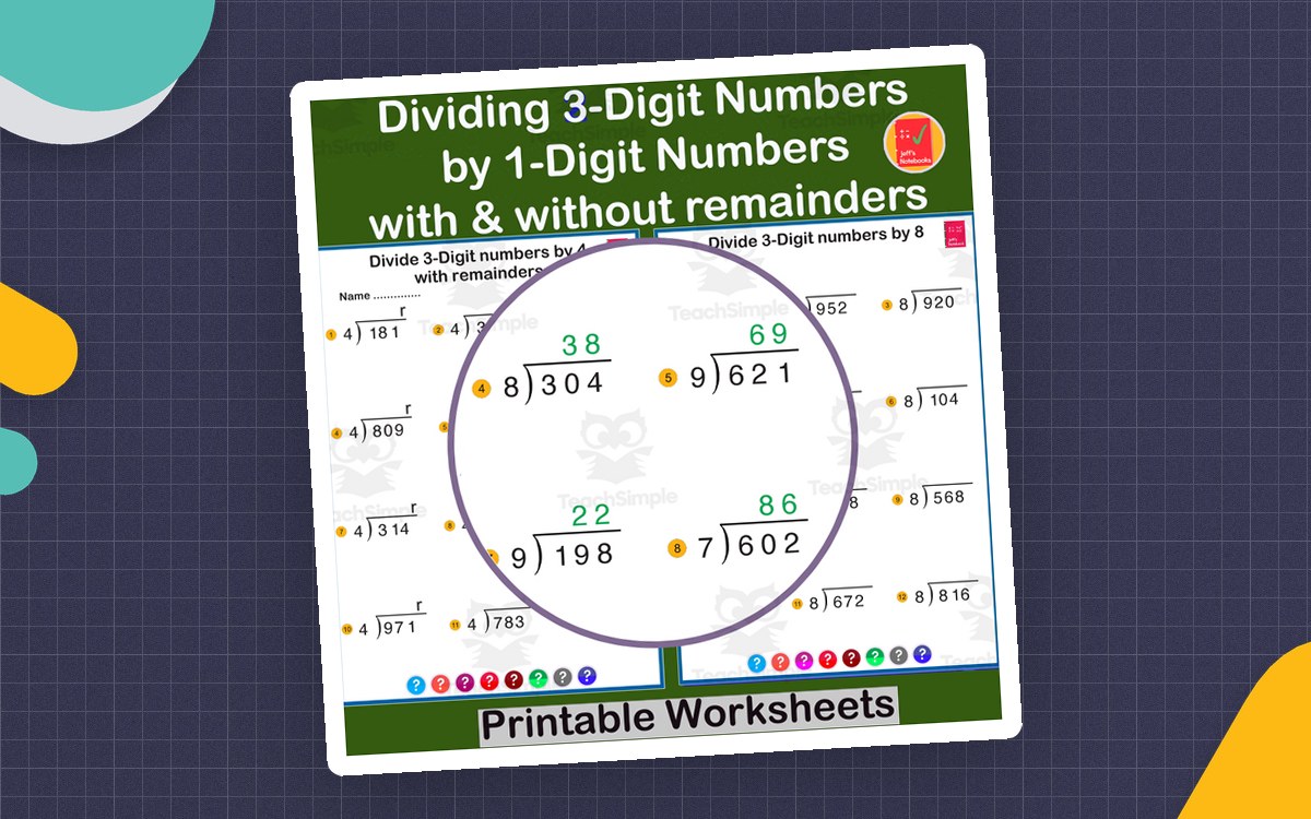 Division worksheet cover with twelve three-digit by one-digit problems arranged around a green circle and a “with & without remainders” heading.