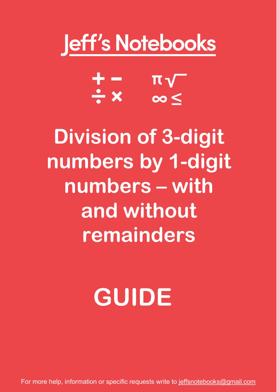 Jeff's Notebooks guide cover: dividing 3-digit by 1-digit numbers, with and without remainders