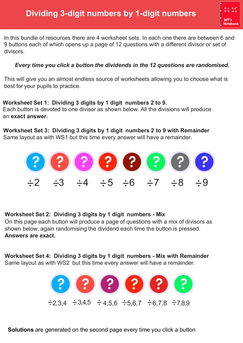 How the 4 randomized division worksheet sets work: buttons pick one divisor 2 to 9 or a mix, exact or with remainders