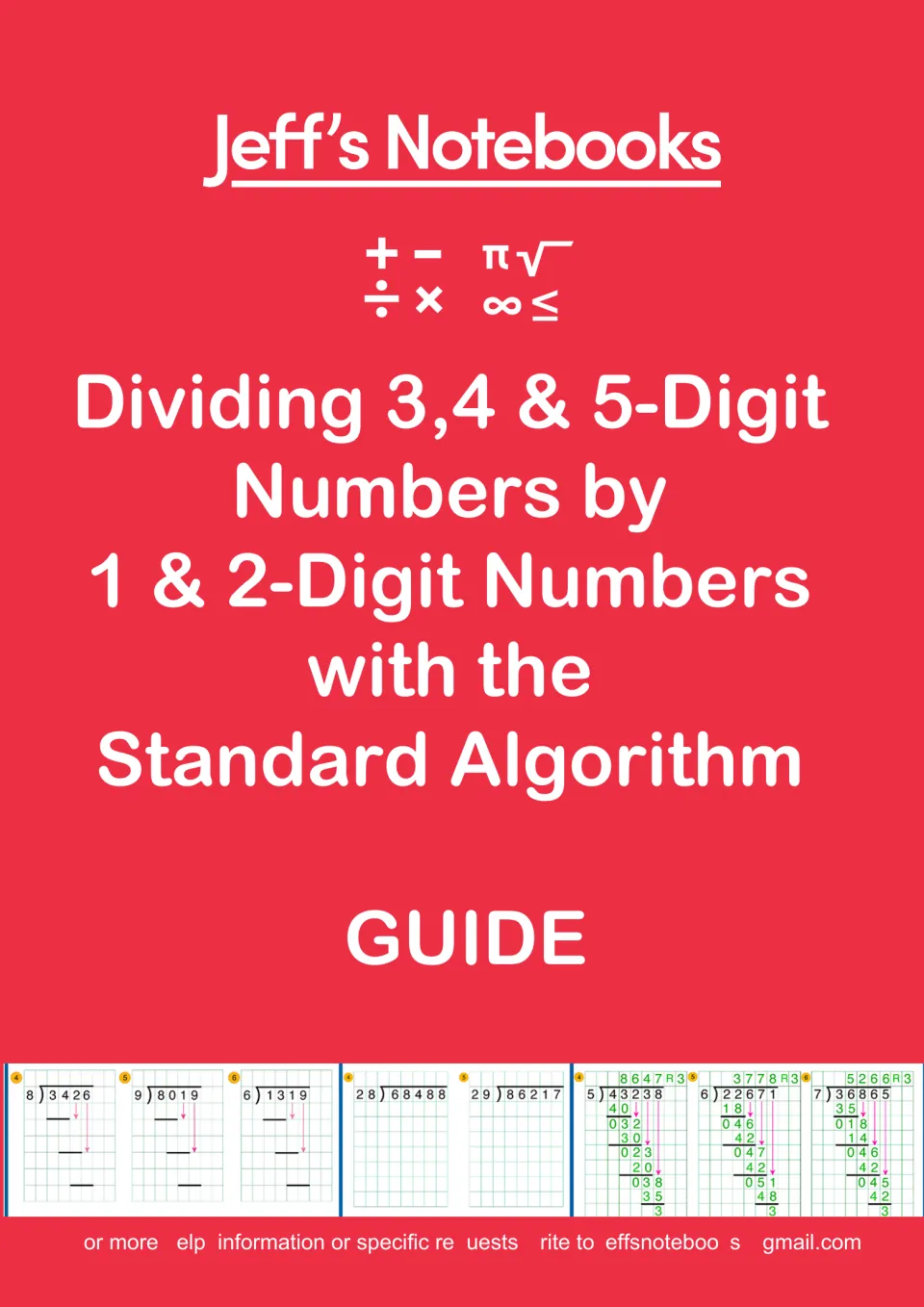 Long division guide cover from Jeff's Notebooks: dividing 3-, 4- and 5-digit numbers by 1- and 2-digit divisors