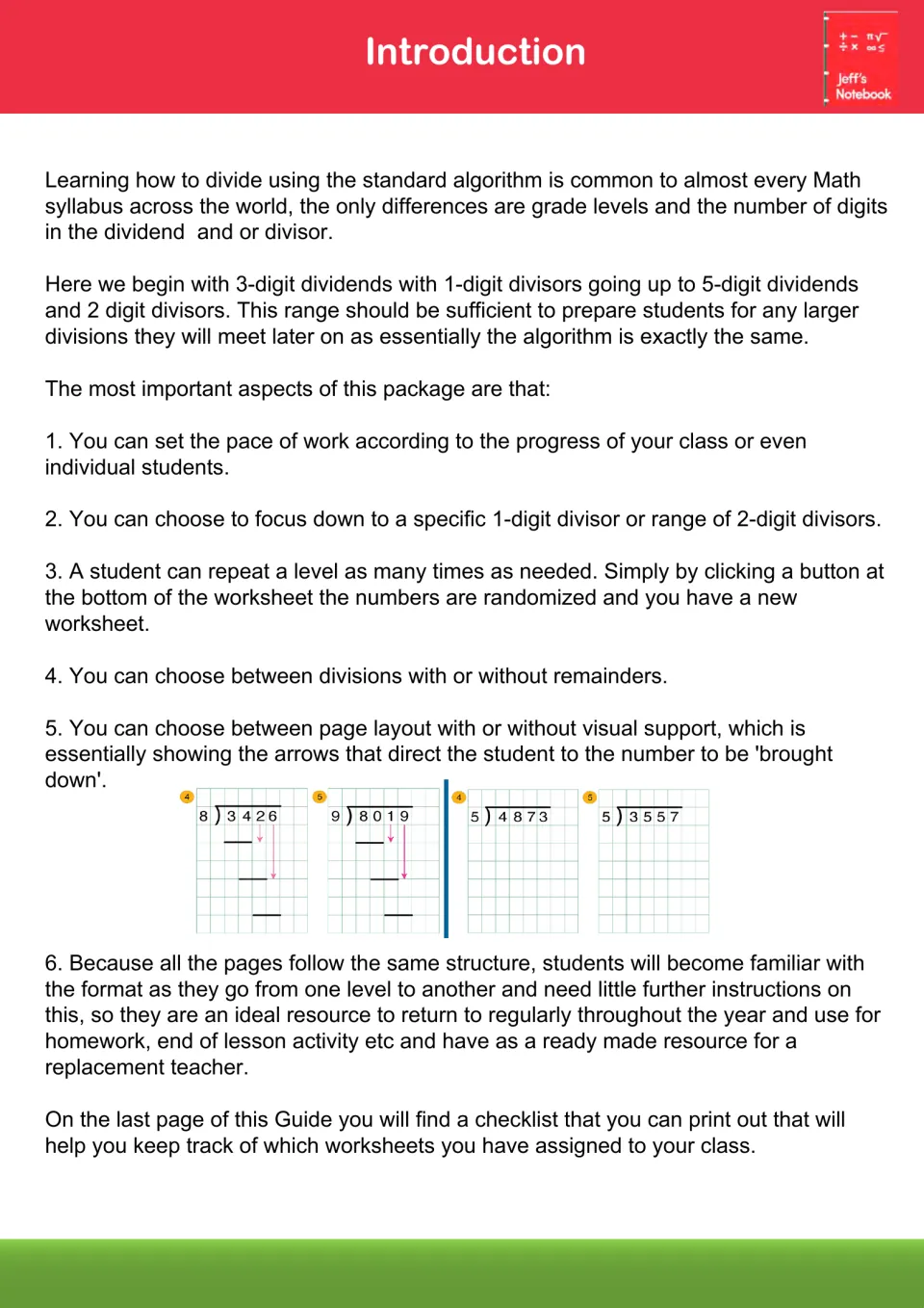 Introduction to the long division sets: 3- to 5-digit dividends, optional remainders, randomized numbers, arrow supports