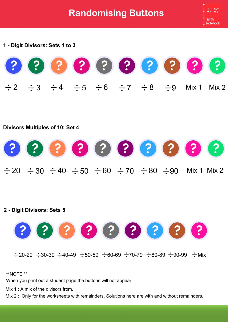 Randomising buttons for divisors 2 to 9, multiples of 10 from 20 to 90, and 2-digit ranges 20-29 to 90-99, plus mixes