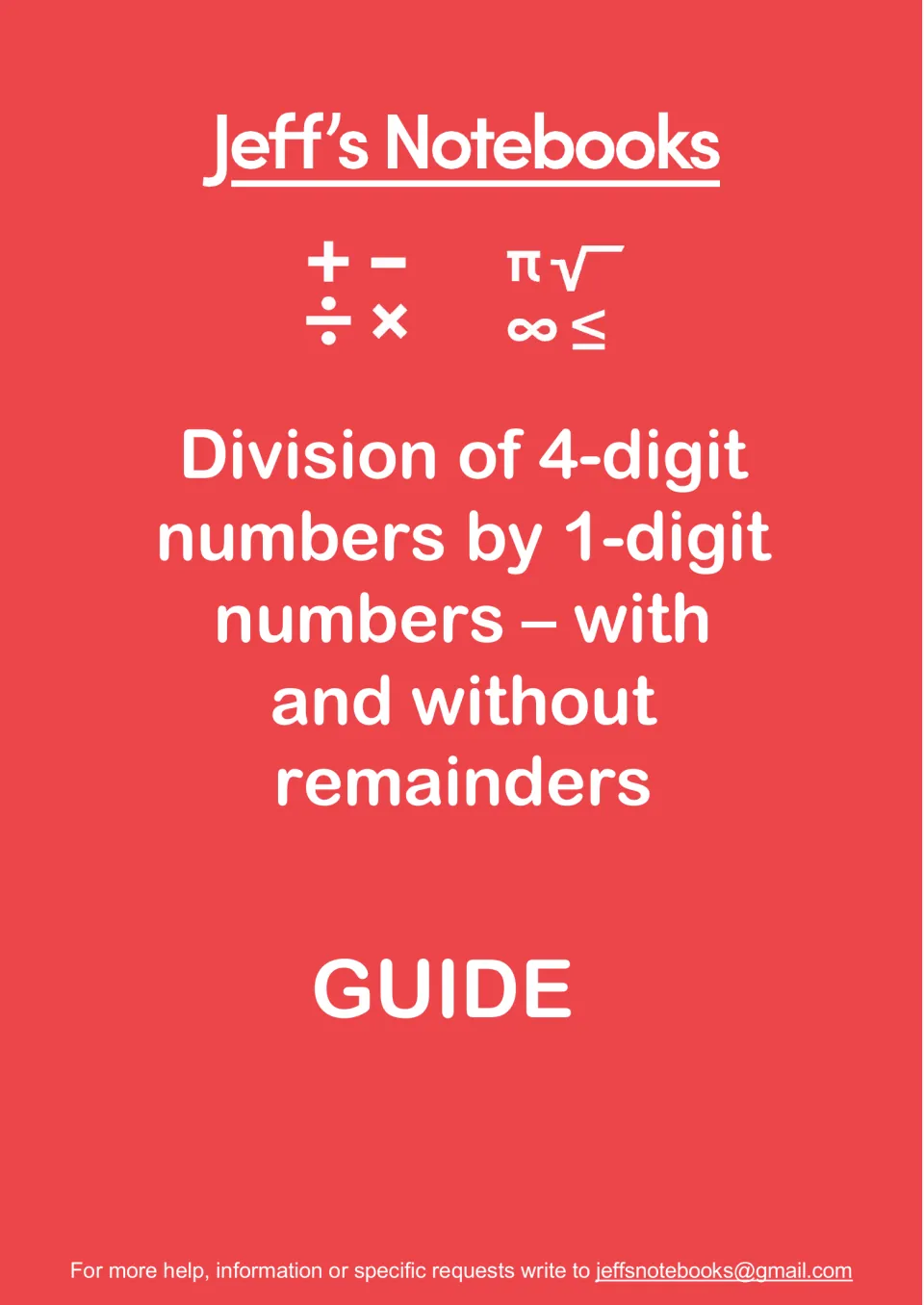 Jeff's Notebooks guide cover: division of 4-digit numbers by 1-digit numbers, with and without remainders