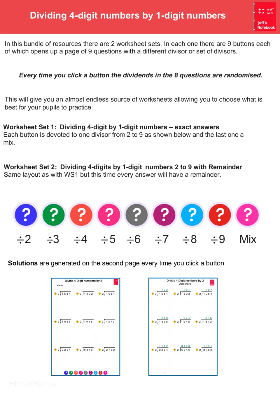 Guide to 2 division worksheet sets: buttons for divisors 2 to 9 or a mix generate 9 questions, with a solutions page