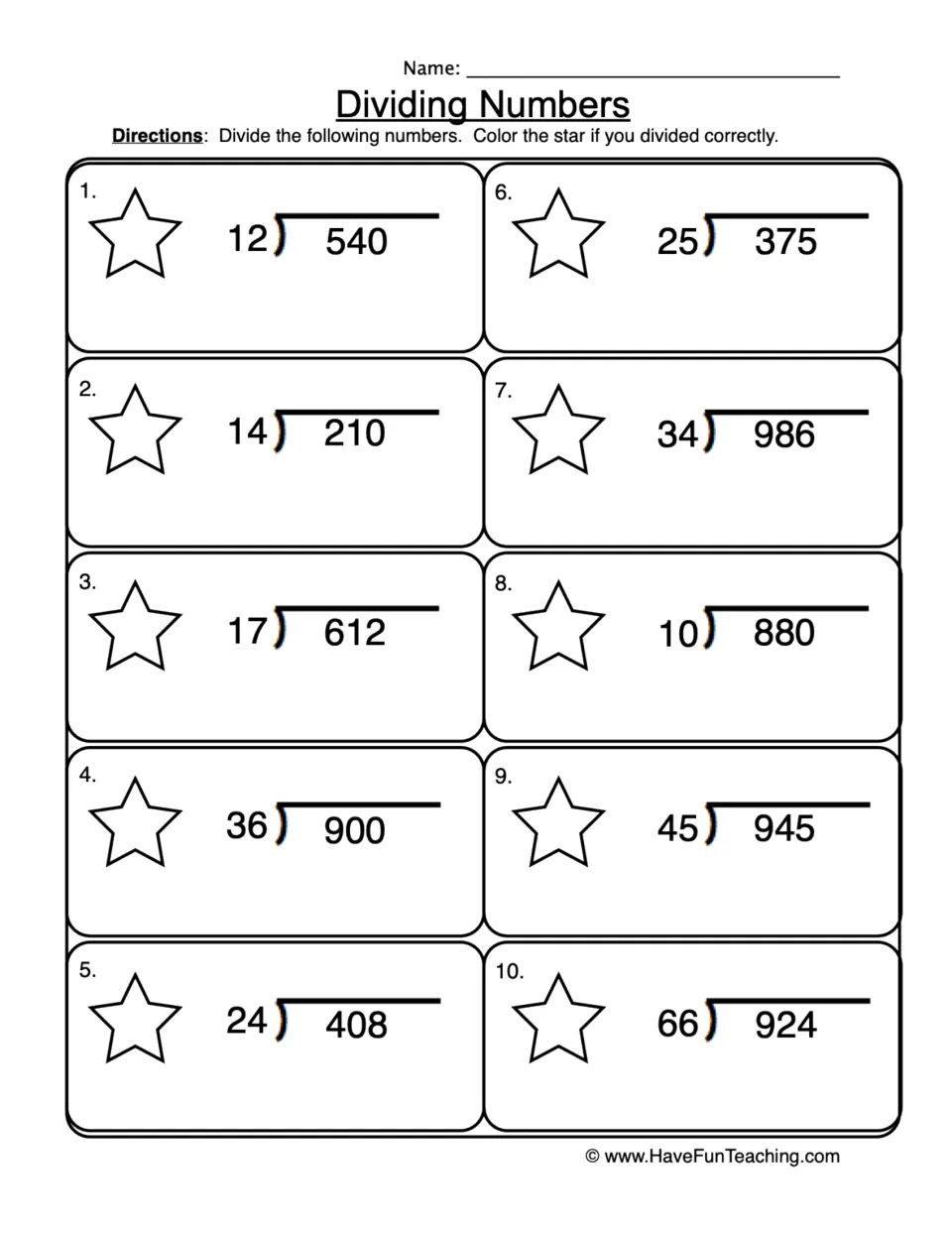 Dividing Numbers: students solve 10 long division problems with 2-digit divisors and 3-digit dividends, then color stars