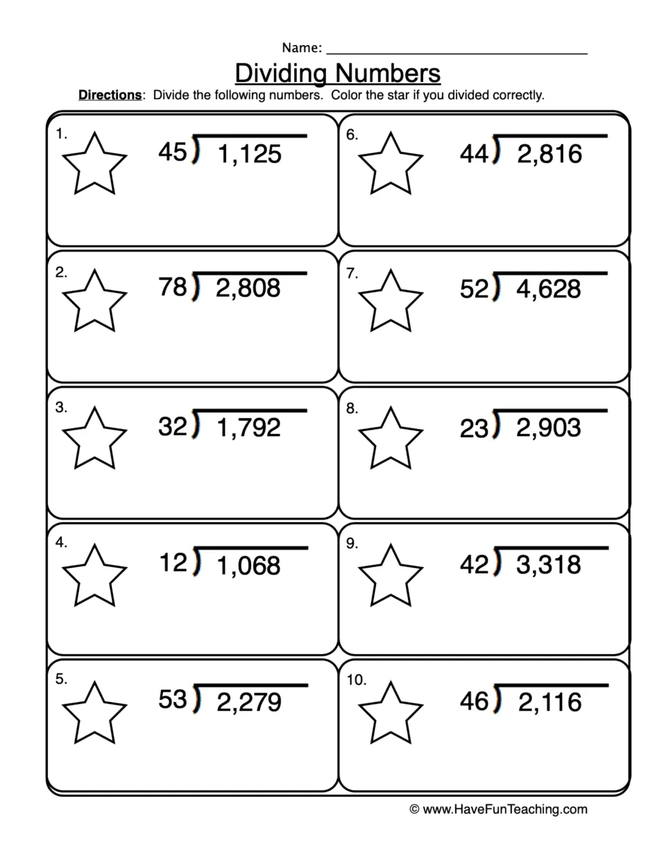 Dividing Numbers: students solve 10 long division problems with 2-digit divisors, such as 45 into 1,125, and color a star