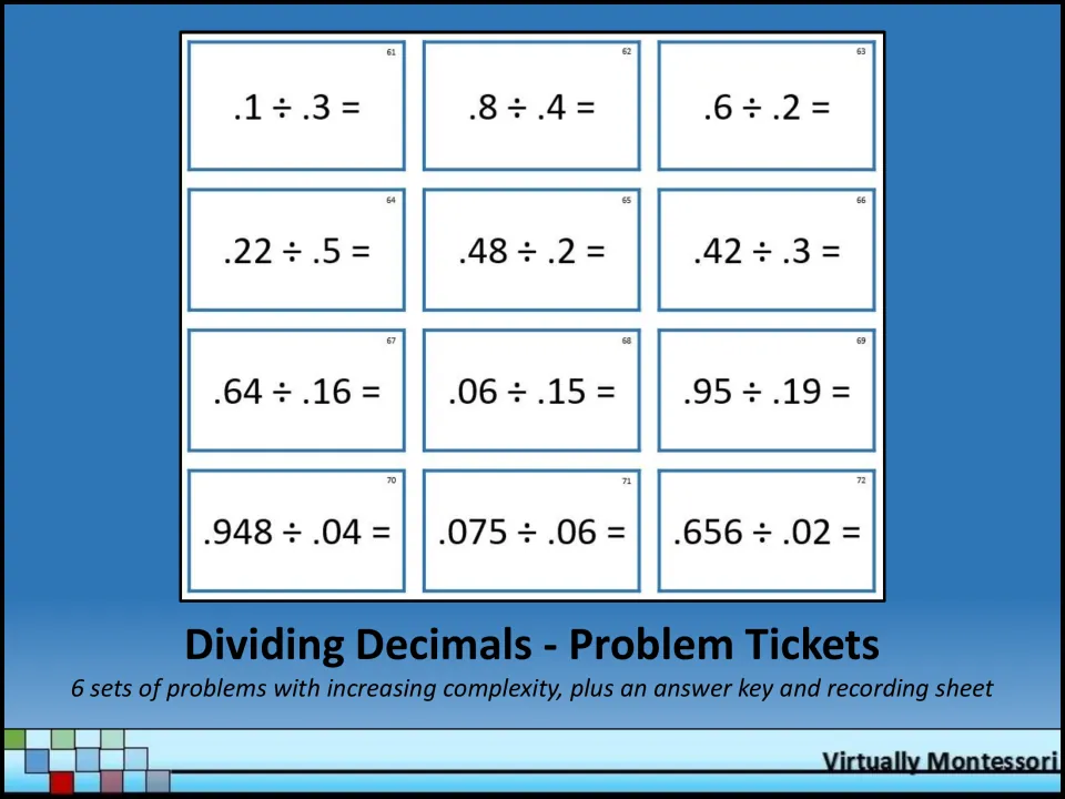 Dividing Decimals - Problem Tickets cover: sample tickets 61-72; six problem sets plus an answer key and recording sheet