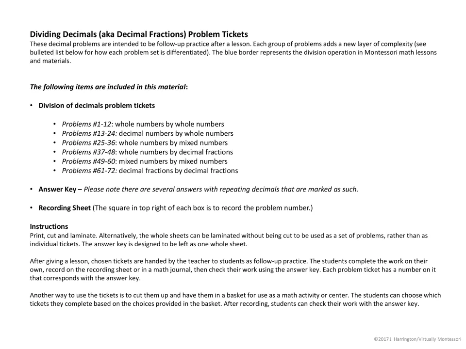 Teacher notes: the six decimal division problem sets, answer key, recording sheet, and print, cut and laminate steps
