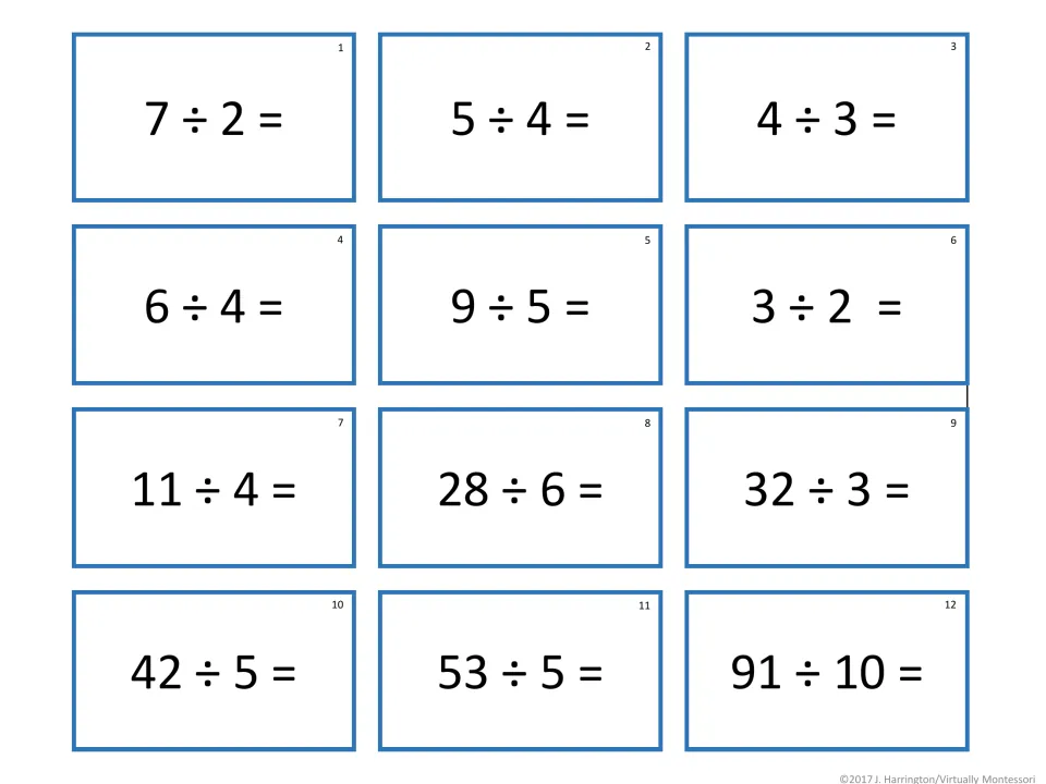 Whole number division tickets 1-12: students solve problems like 7 ÷ 2, 28 ÷ 6 and 91 ÷ 10, giving decimal quotients