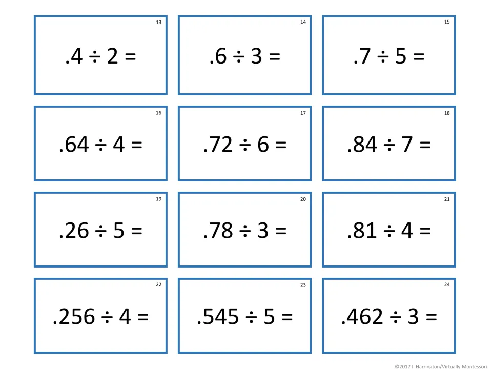 Decimal divided by whole number tickets 13-24: students solve .4 ÷ 2, .81 ÷ 4, .256 ÷ 4 and similar division problems