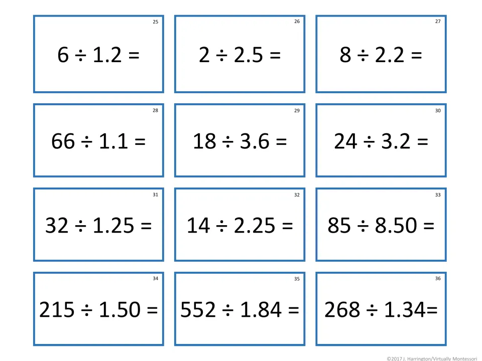 Whole number divided by mixed decimal tickets 25-36: students solve 6 ÷ 1.2, 32 ÷ 1.25, 552 ÷ 1.84 and similar problems
