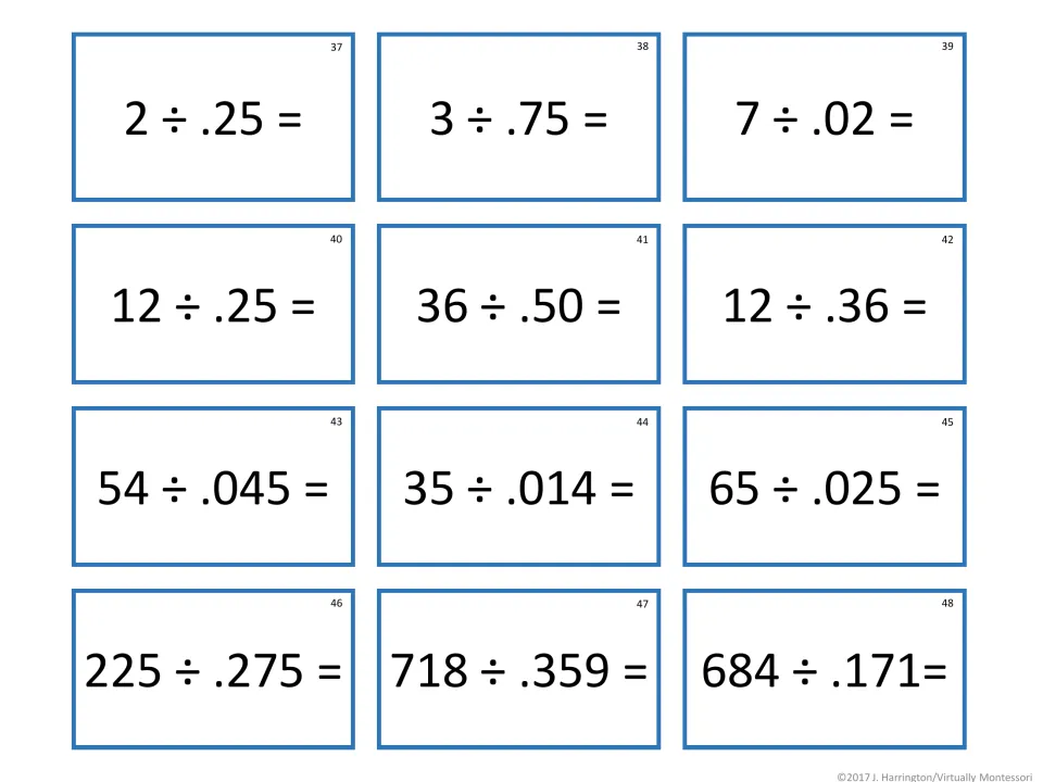 Whole number divided by decimal fraction tickets 37-48: students solve 2 ÷ .25, 54 ÷ .045, 684 ÷ .171 and more