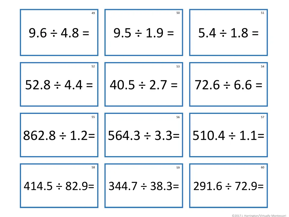 Mixed decimal by mixed decimal tickets 49-60: students solve 9.6 ÷ 4.8, 862.8 ÷ 1.2, 414.5 ÷ 82.9 and others