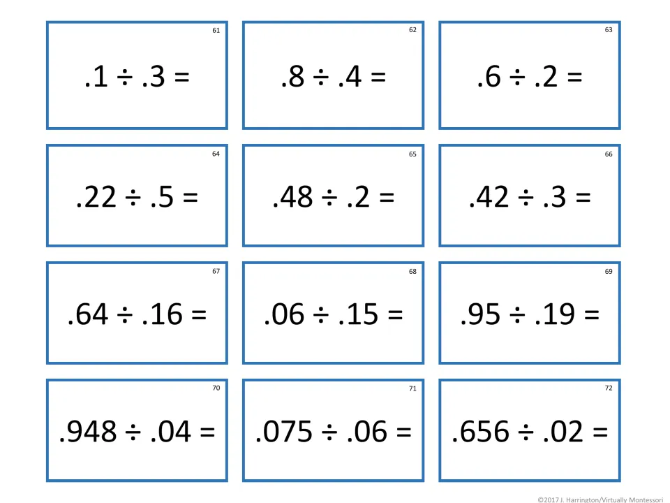 Decimal fraction by decimal fraction tickets 61-72: students solve .1 ÷ .3, .64 ÷ .16, .075 ÷ .06 and so on