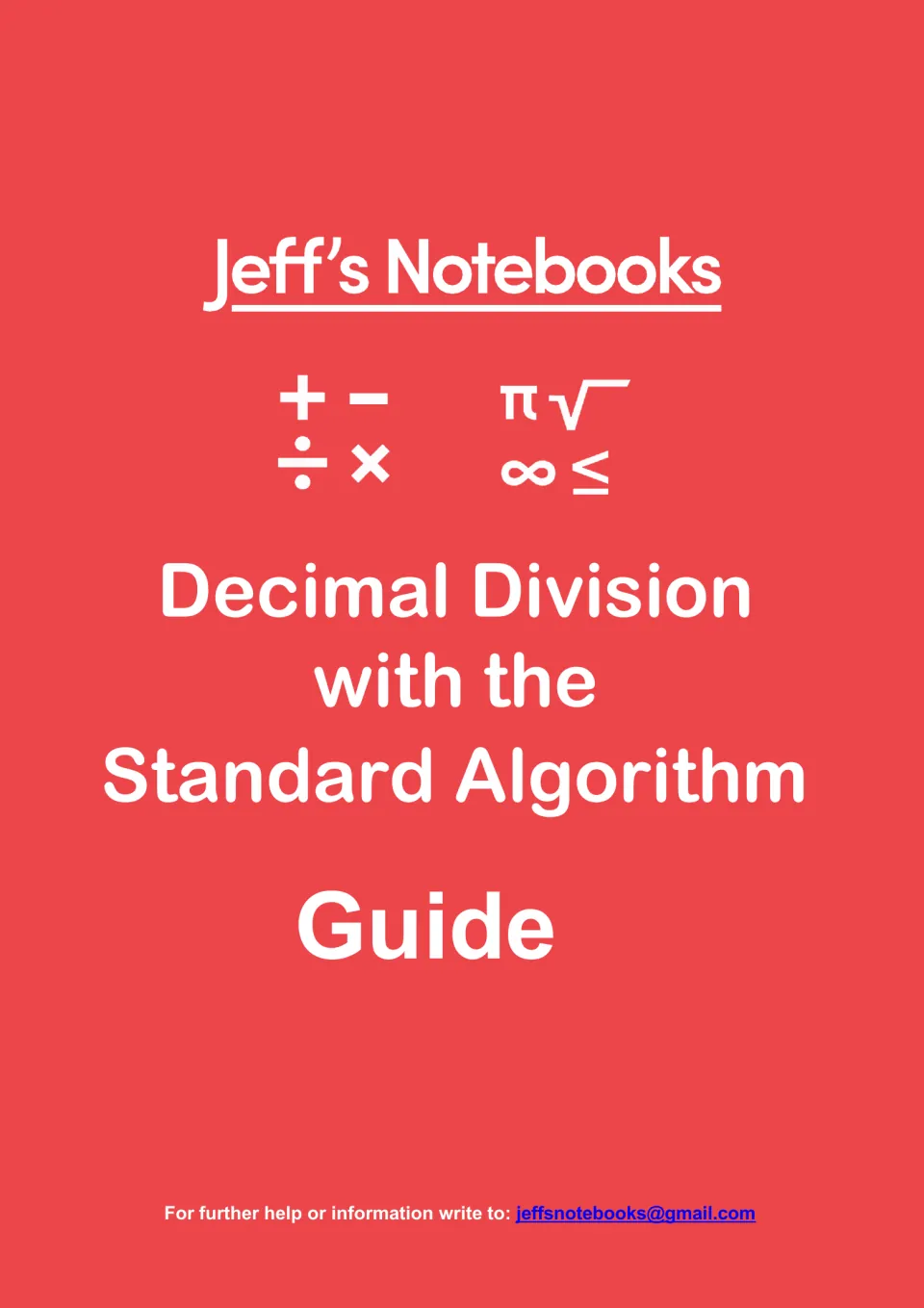 Jeff's Notebooks cover for the Decimal Division with the Standard Algorithm Guide, shown with math symbols