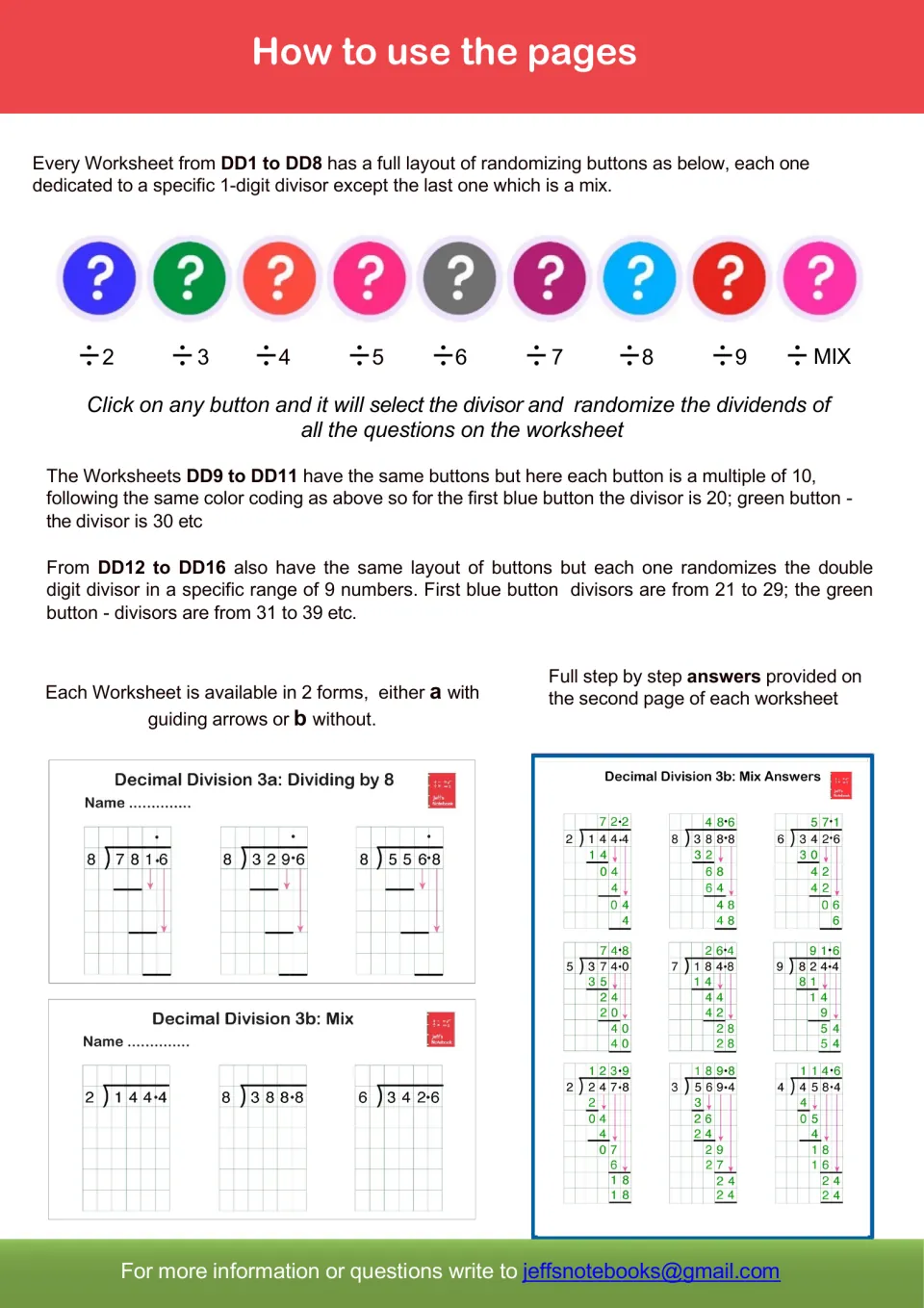 How to use the pages: color buttons randomize divisors 2 to 9 or mix; sample sheets with guiding arrows and step answers