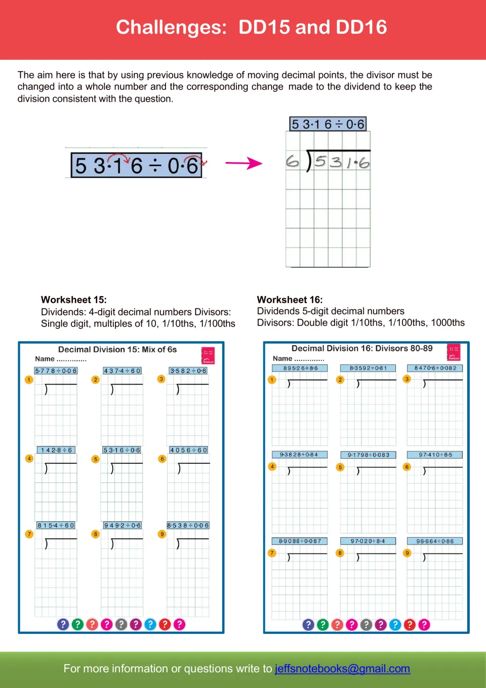 Challenges DD15 and DD16: students move decimal points to make the divisor whole, as in 53.16 ÷ 0.6 rewritten as 531.6 ÷ 6