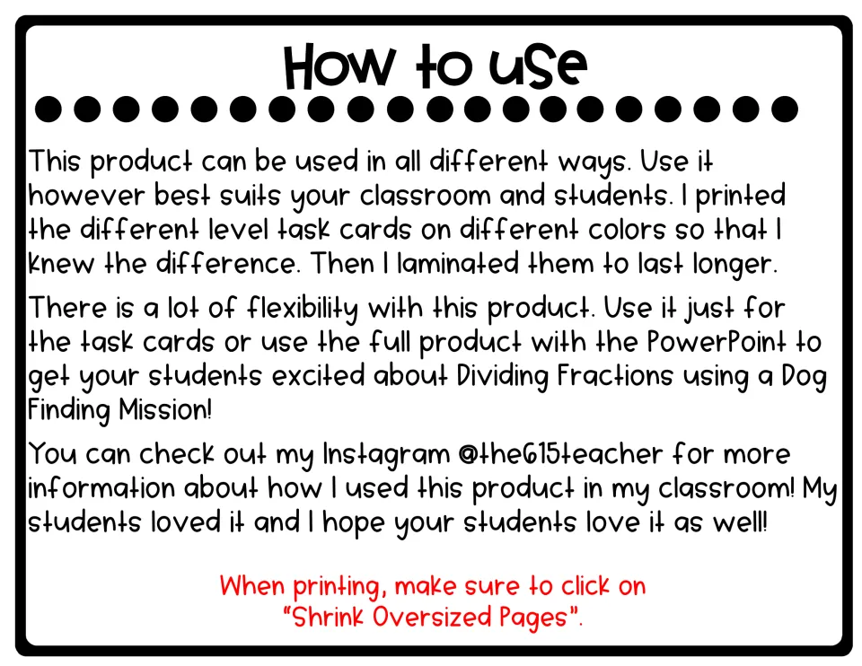 How to use notes: print task card levels on different colors, laminate them, and pair with the PowerPoint mission