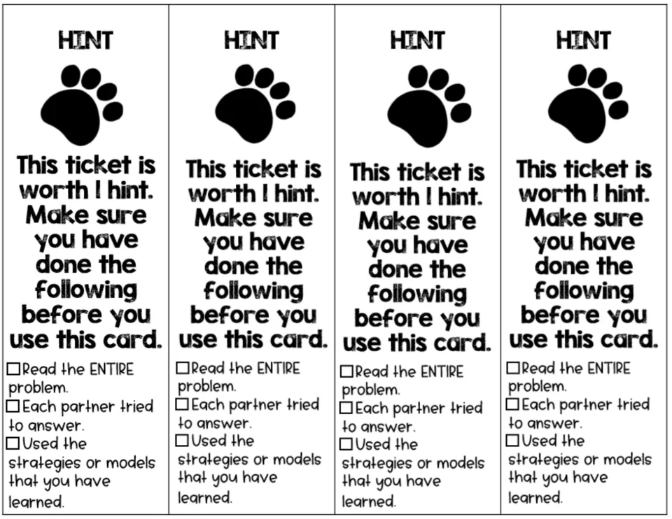 Hint tickets: four paw-print cards worth one hint each, used after reading the problem and both partners trying to solve it