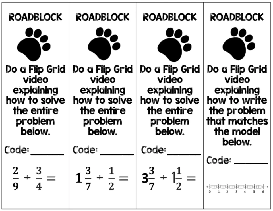 Roadblock cards: students record a Flip Grid video solving problems like 2/9 ÷ 3/4 or writing a problem for a model