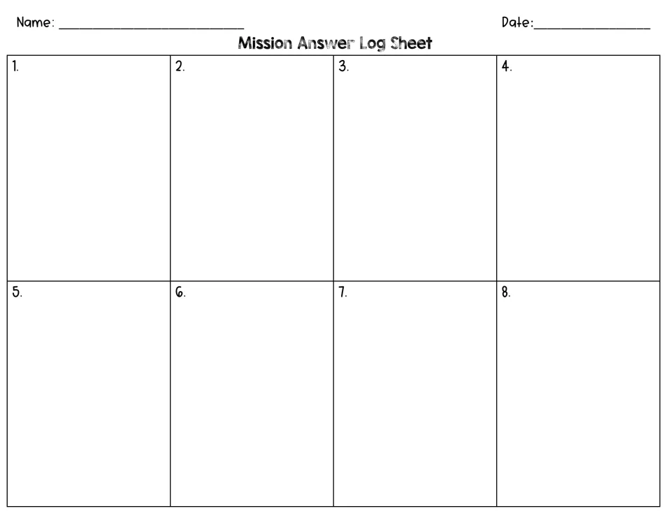 Mission Answer Log Sheet for problems 1 to 8, where students record their work and answers with name and date
