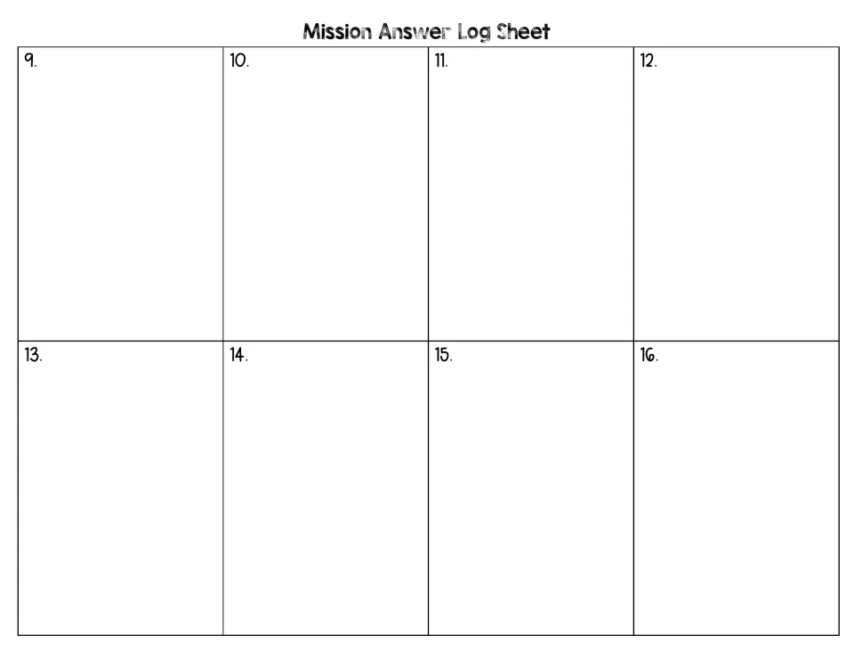 Mission Answer Log Sheet continued for problems 9 to 16, giving students space to show work for each fraction division