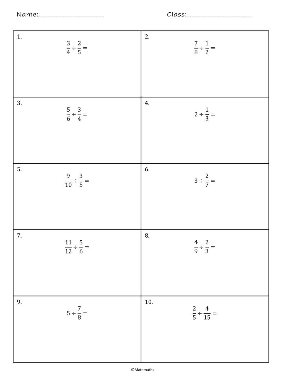 Dividing fractions: students solve 10 problems, from 3/4 ÷ 2/5 to whole-number cases like 2 ÷ 1/3 and 5 ÷ 7/8