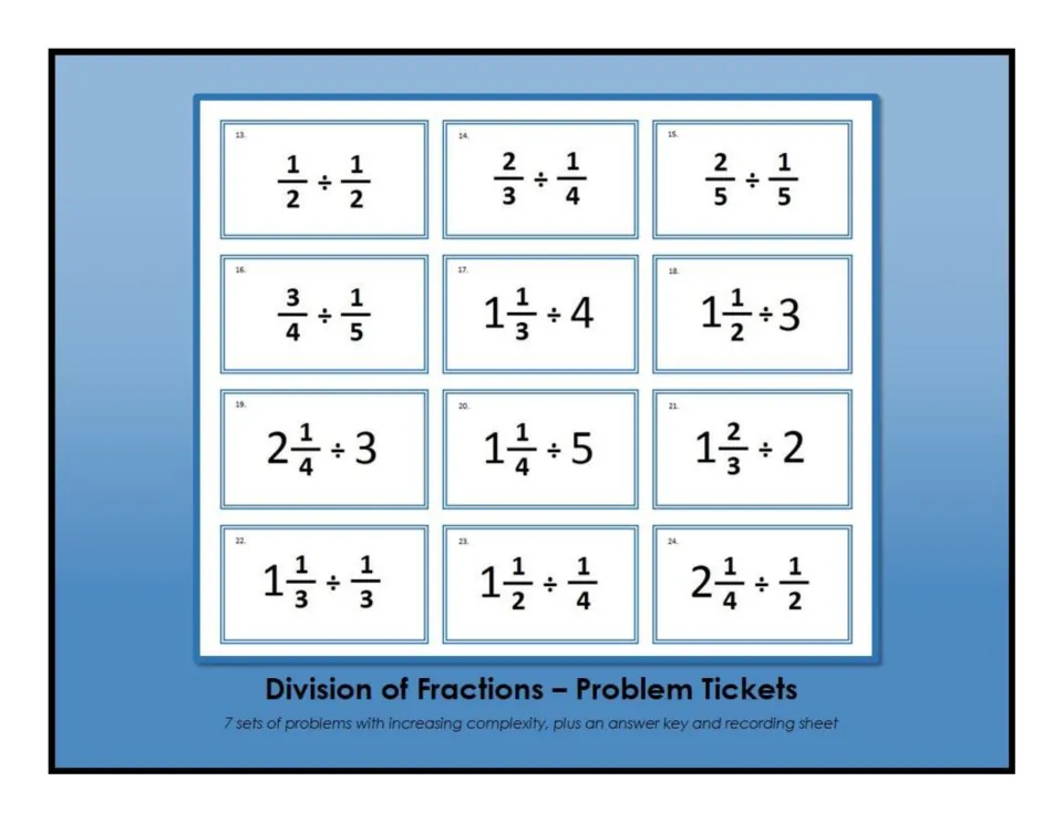 Division of Fractions Problem Tickets cover: sample tickets 13-24, noting 7 problem sets, answer key and recording sheet