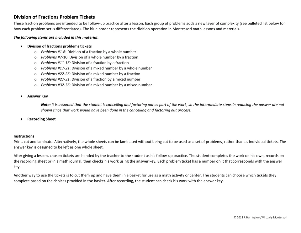 Teacher notes on dividing fractions: 7 problem sets from fraction by whole number to mixed by mixed, plus how to use them
