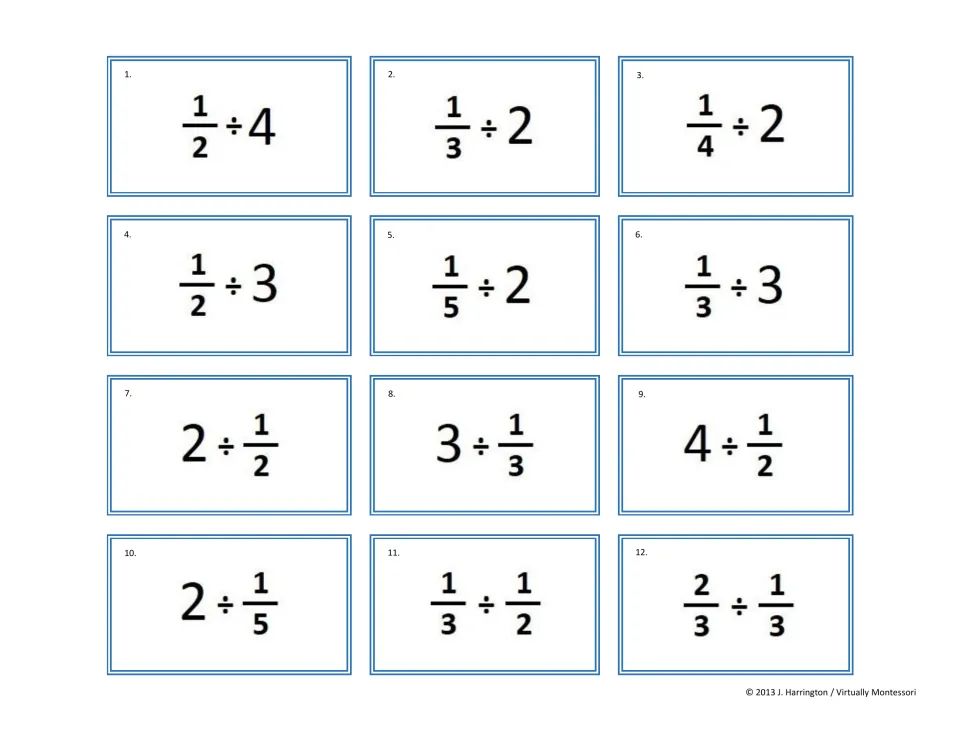 Fraction division, tickets 1-12: students solve items like 1/2 ÷ 4, then 2 ÷ 1/2, ending with 1/3 ÷ 1/2 and 2/3 ÷ 1/3