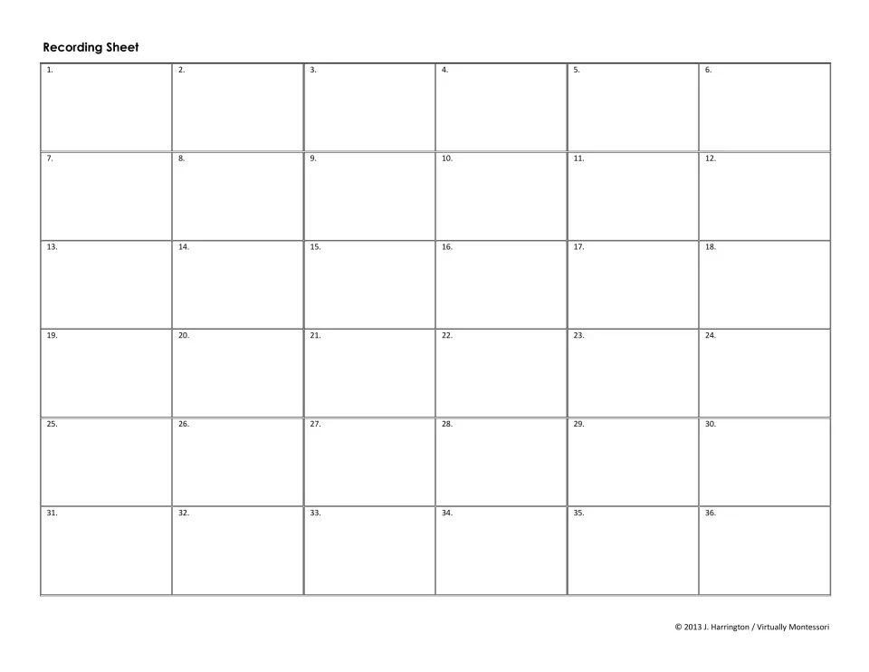 Recording sheet numbered 1 to 36 where students write their work and answer for each fraction division ticket they solve