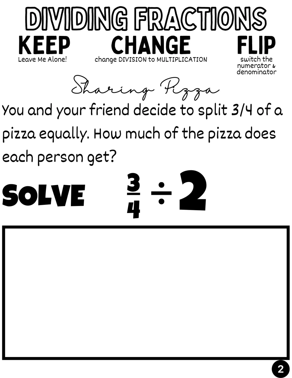Sharing Pizza word problem: two friends split 3/4 of a pizza equally; students solve 3/4 ÷ 2 to find each person's share
