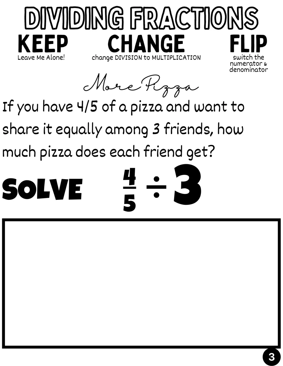More Pizza word problem: 4/5 of a pizza shared equally by 3 friends; students solve 4/5 ÷ 3 to find how much each gets
