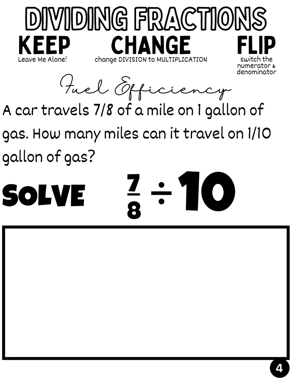 Fuel Efficiency word problem: a car goes 7/8 mile per gallon; students solve 7/8 ÷ 10 to find the distance on 1/10 gallon