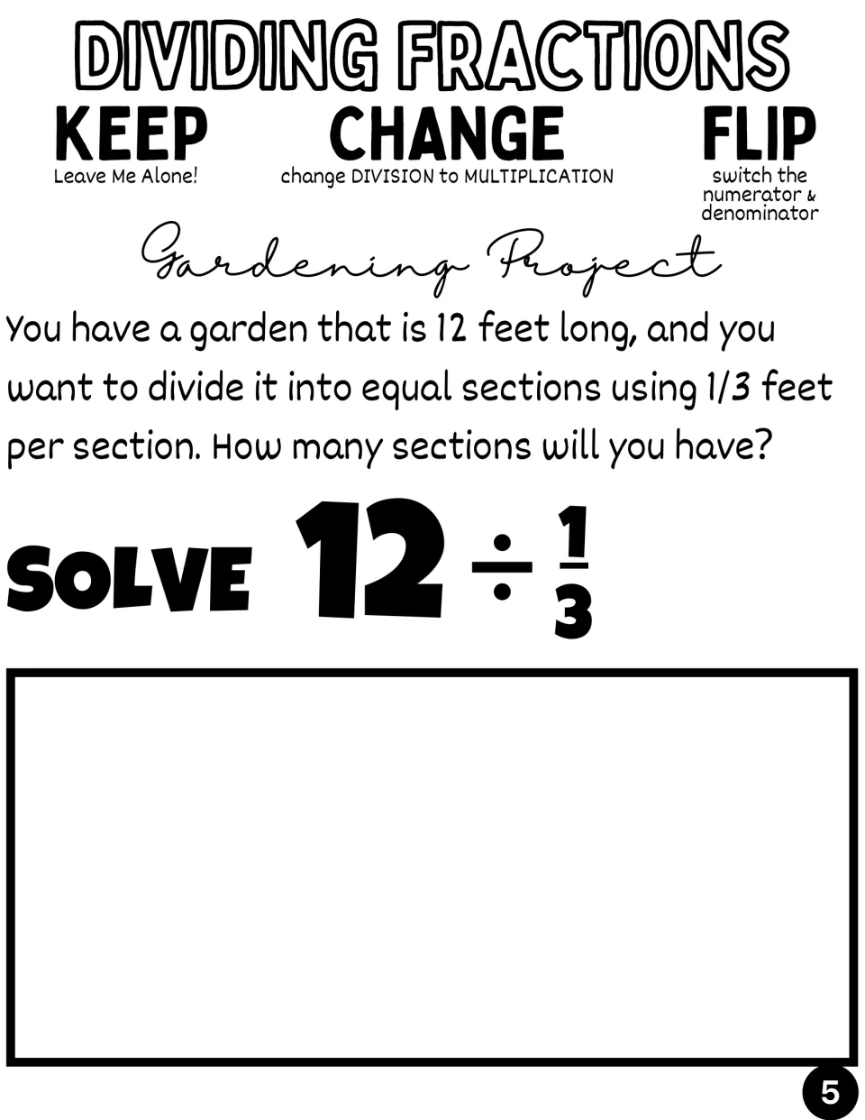 Gardening Project word problem: a 12-foot garden split into 1/3-foot sections; students solve 12 ÷ 1/3 to count sections