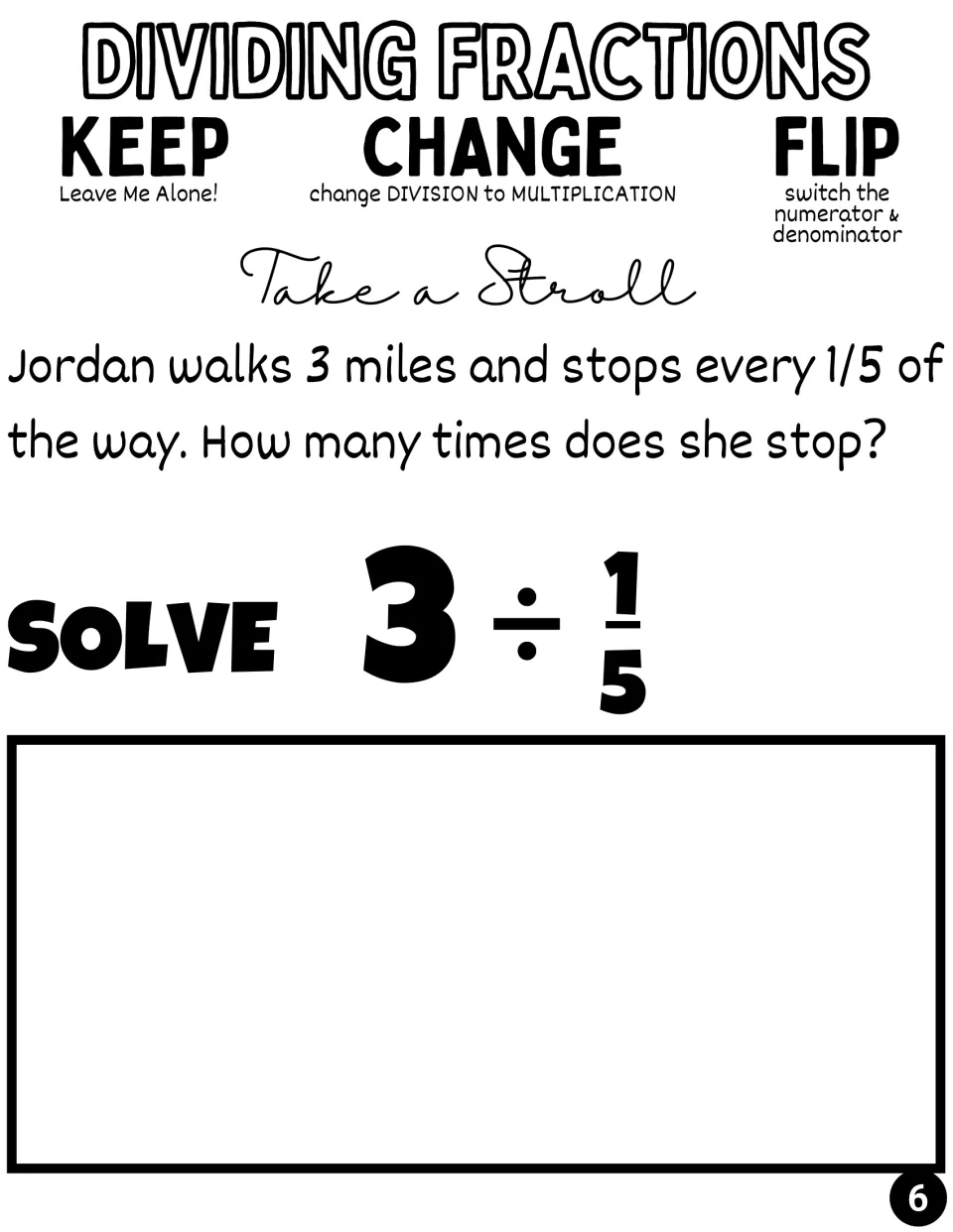 Take a Stroll word problem: Jordan walks 3 miles, stopping every 1/5 of the way; students solve 3 ÷ 1/5 to count the stops