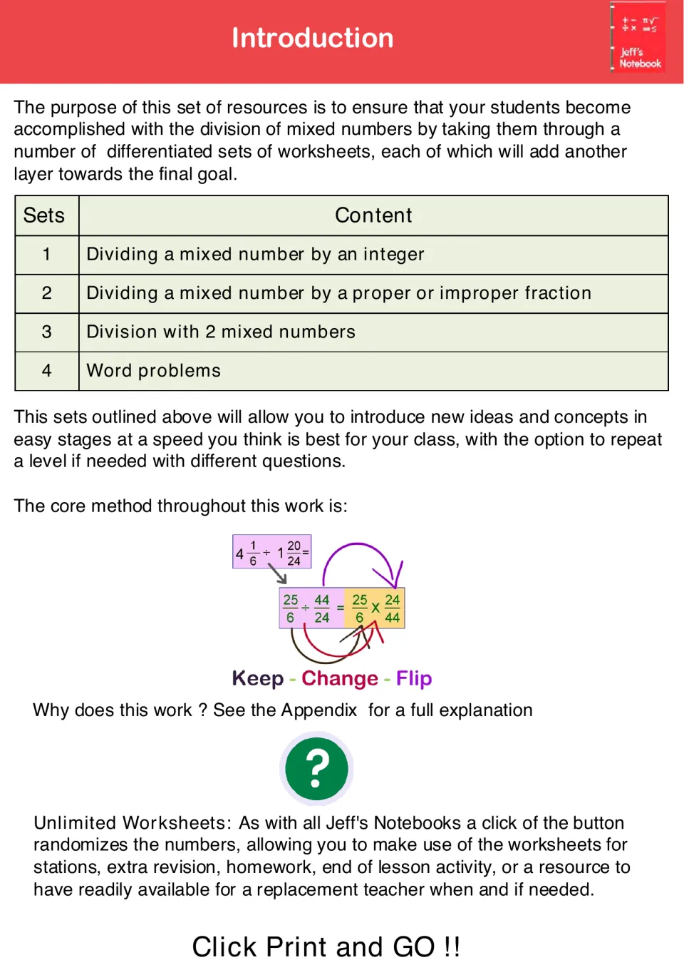 Introduction outlining four sets, from dividing by an integer to word problems, and the keep-change-flip method