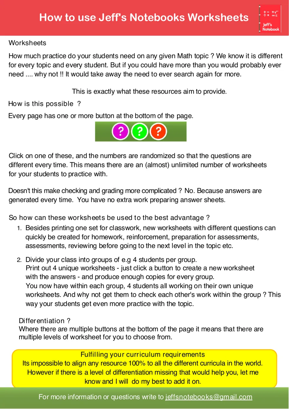 How to use the worksheets: a button click randomizes questions and answers; ideas for homework and group practice