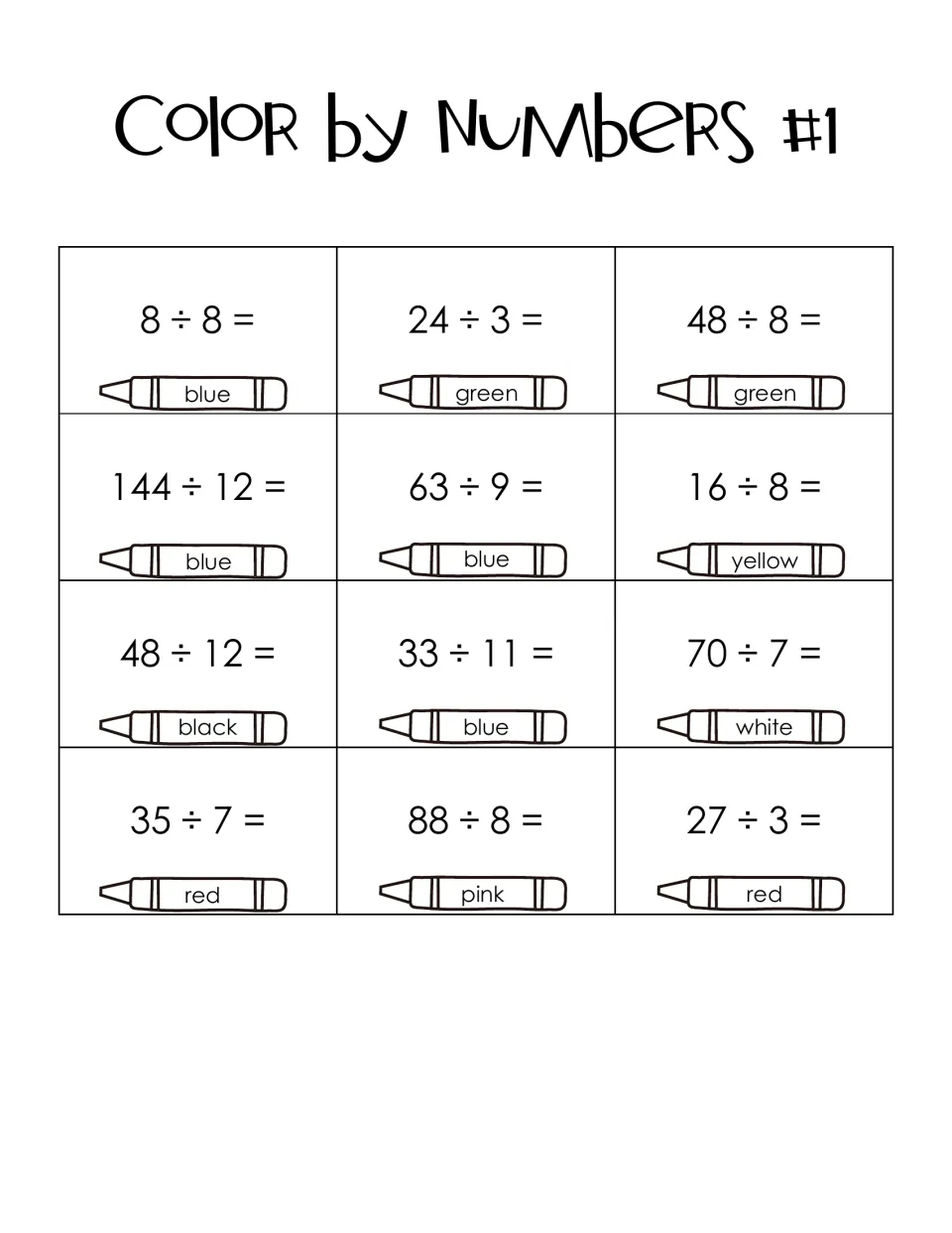 Color by Numbers #1 division key: students solve 12 facts such as 144 ÷ 12 and 33 ÷ 11, each paired with a crayon color