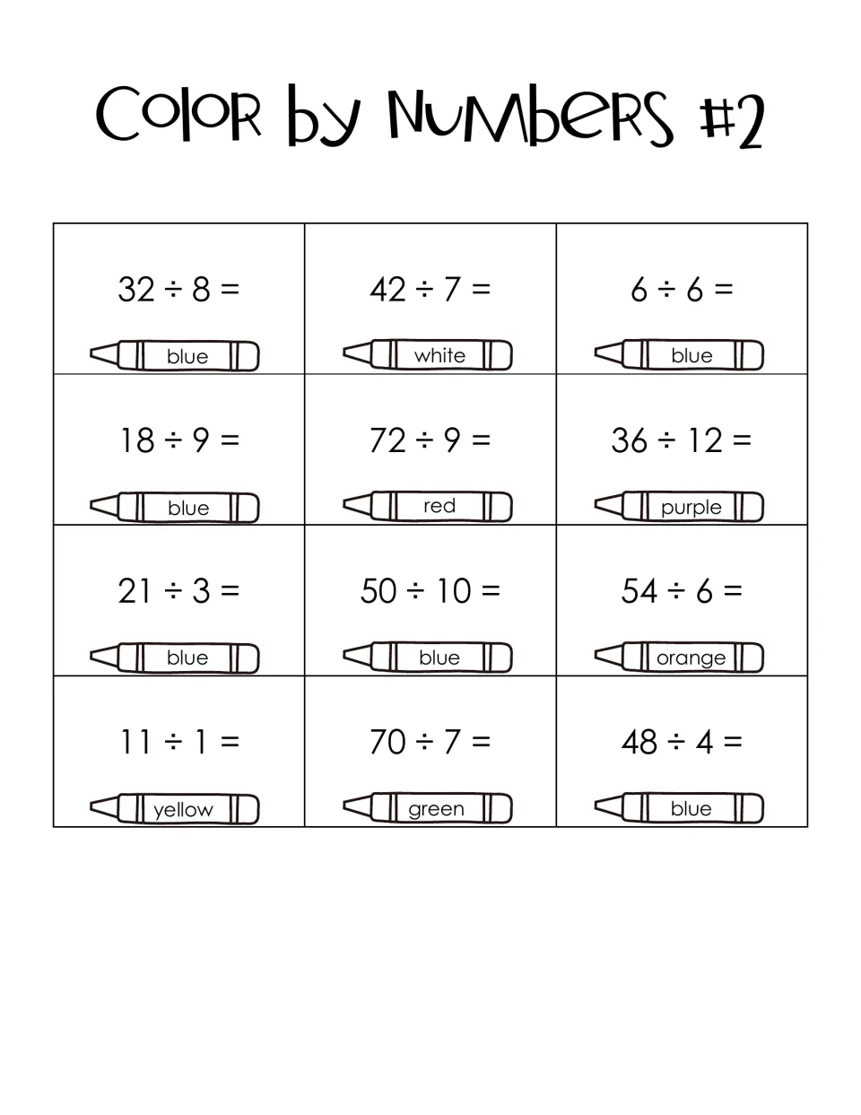 Color by Numbers #2 division key: 12 facts like 36 ÷ 12 and 50 ÷ 10, each quotient linked to a color like purple or orange