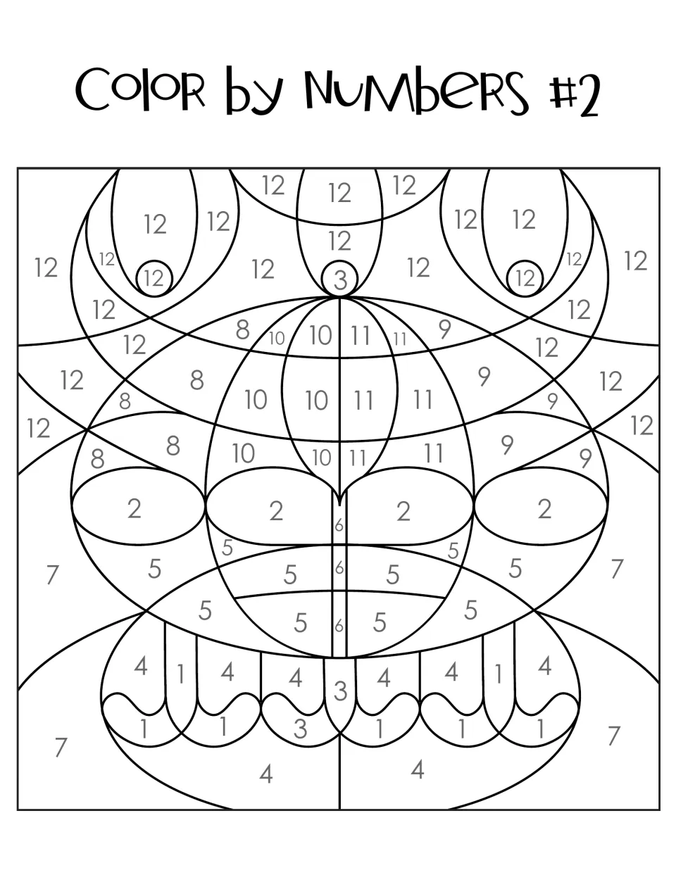 Color by Numbers #2 picture: a symmetrical design of numbered sections 1 to 12 to shade from the solved quotients